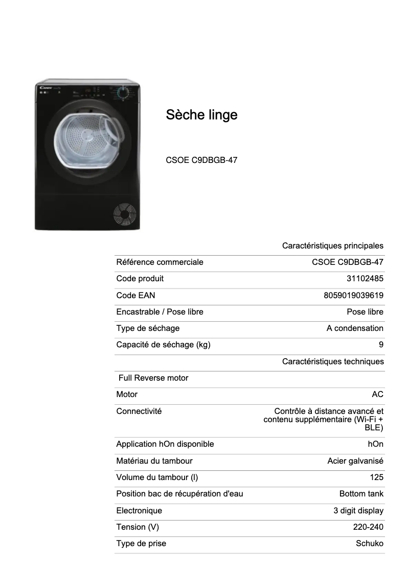 Page 1 de la notice Fiche technique Candy CSOE C9DBGB-47