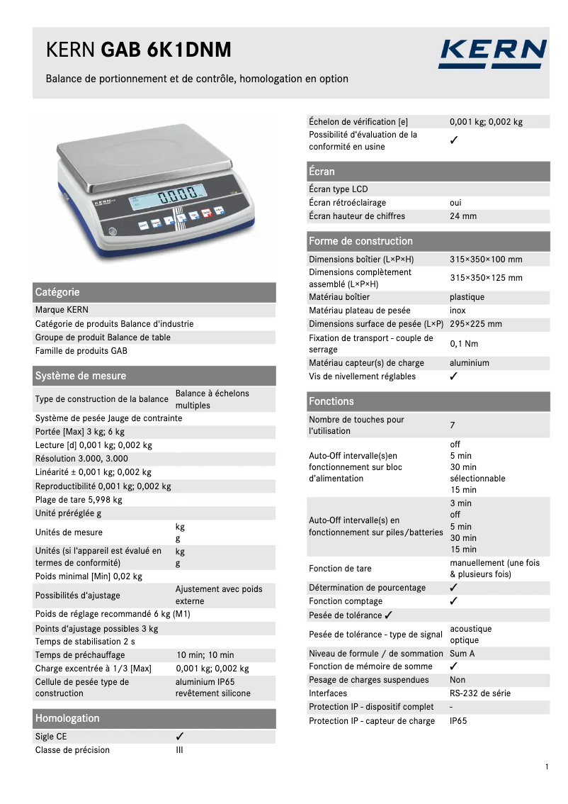 Page 1 de la notice Fiche technique Kern GAB 6K1DNM