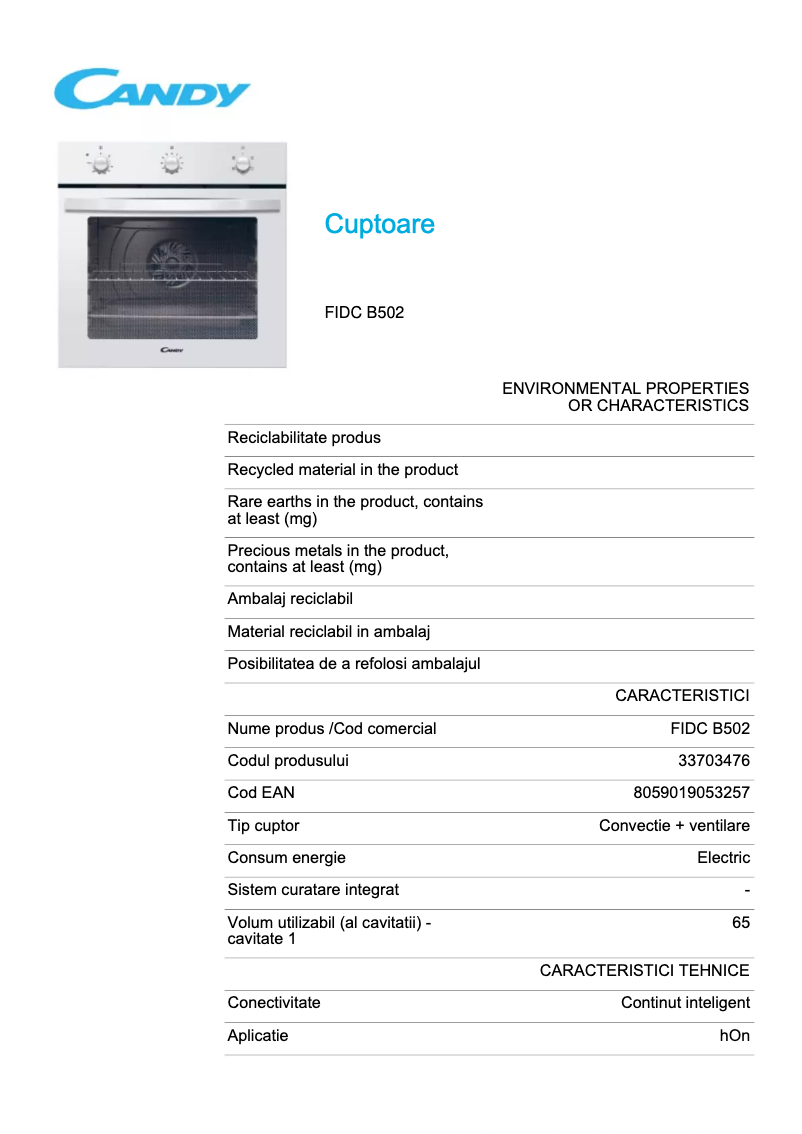 Page 1 de la notice Fiche technique Candy FIDC B502
