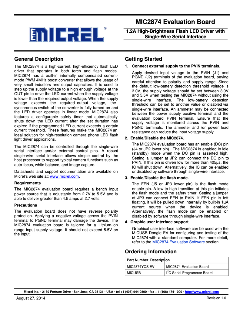 Imagen de la primera página del manual del dispositivo MIC2874YCS