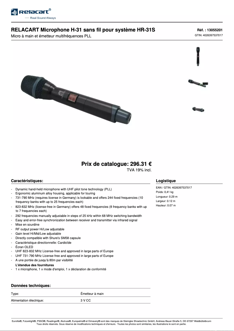 Page n°1 - Fiche technique Relacart H-31