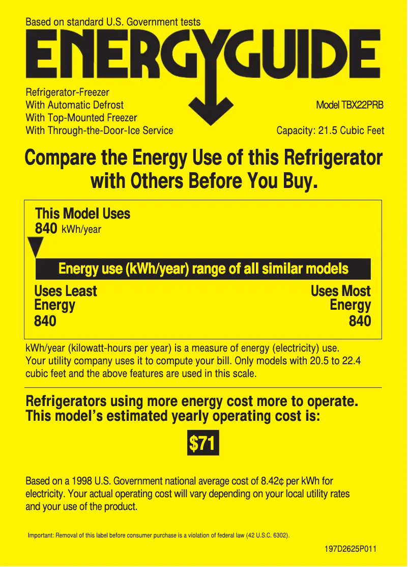 Page 1 de la notice Label énergétique GE Profile TBX22PRBRAA