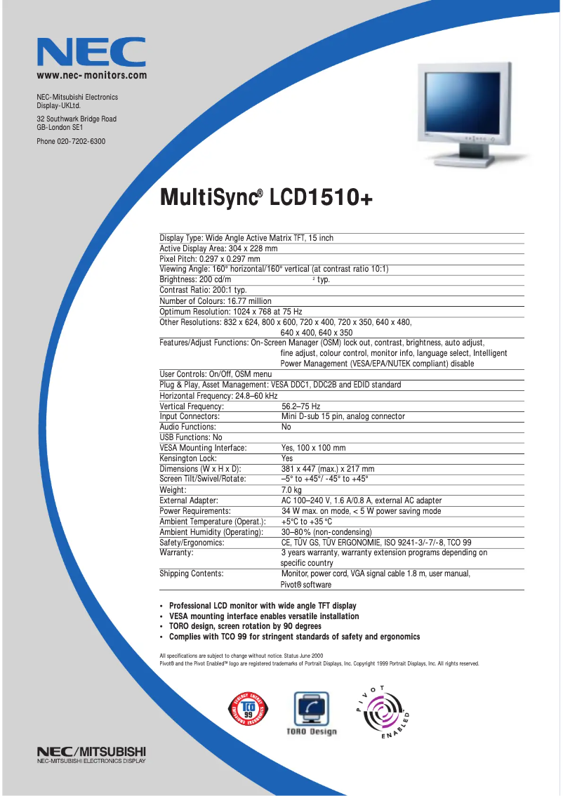 Page 1 de la notice Fiche technique NEC MultiSync LCD1510+