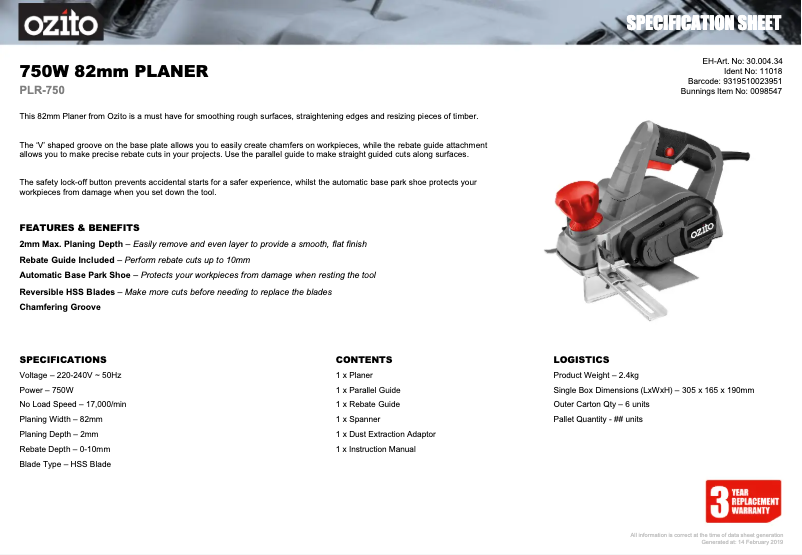 Página 1 del manual Ficha técnica Ozito PLR-750