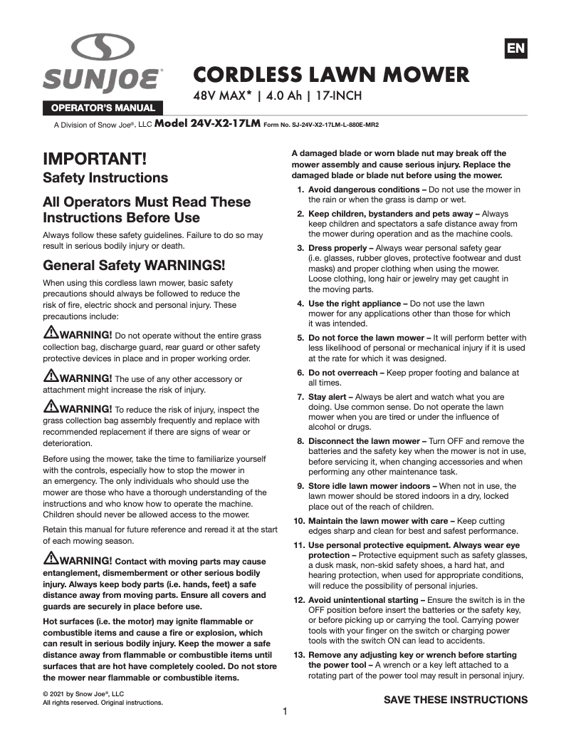 Page 1 de la notice Manuel utilisateur Sun Joe 24V-X2-17LM-CT