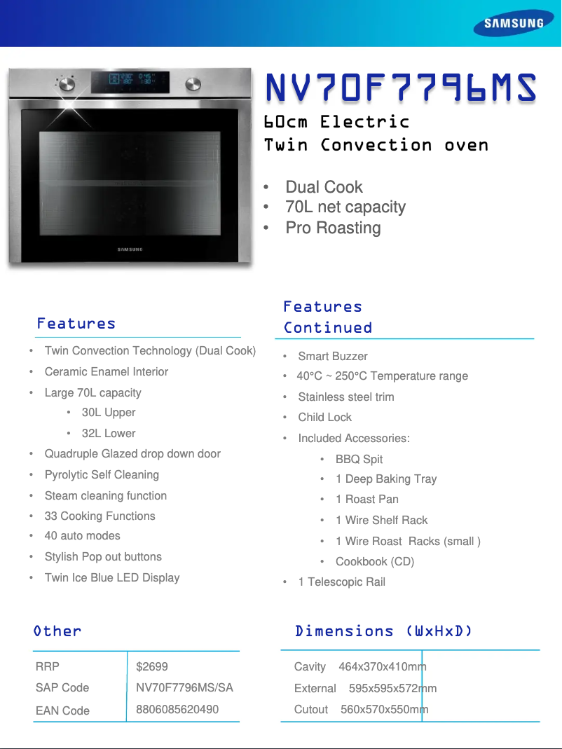 Page 1 de la notice Fiche technique Samsung NV70F7796MS