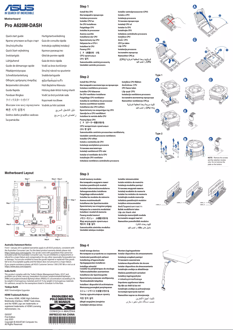 Page 1 de la notice Guide de démarrage rapide Asus Pro A620M-DASH