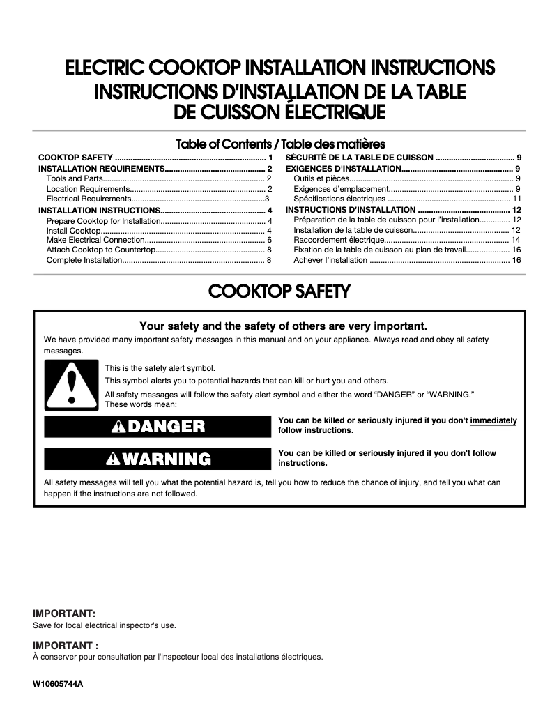 Page n°1 - Guide d'installation JennAir JEC4536BB