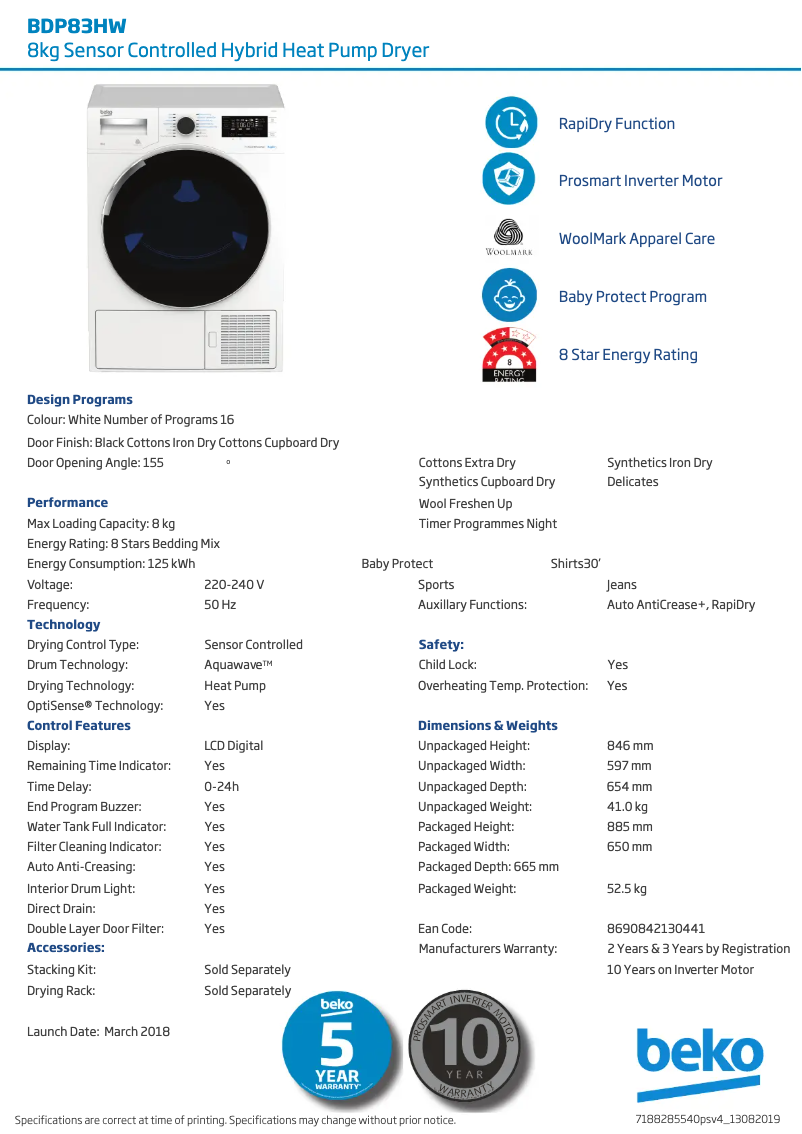 Page 1 de la notice Fiche technique Beko BDP83HW