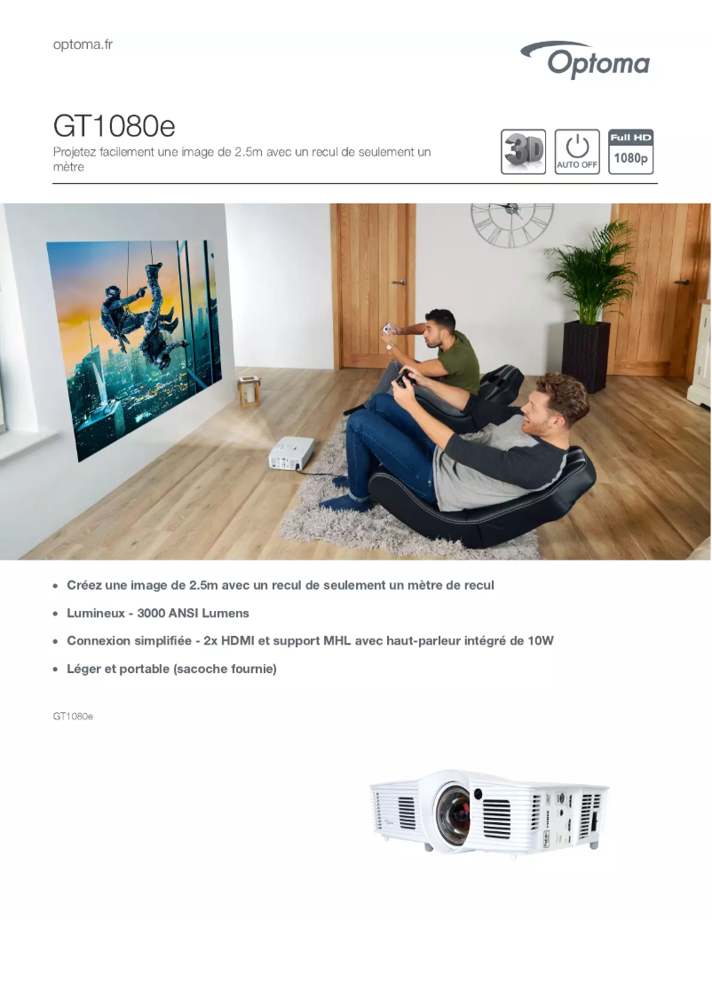 Page 1 de la notice Fiche technique Optoma GT1080e