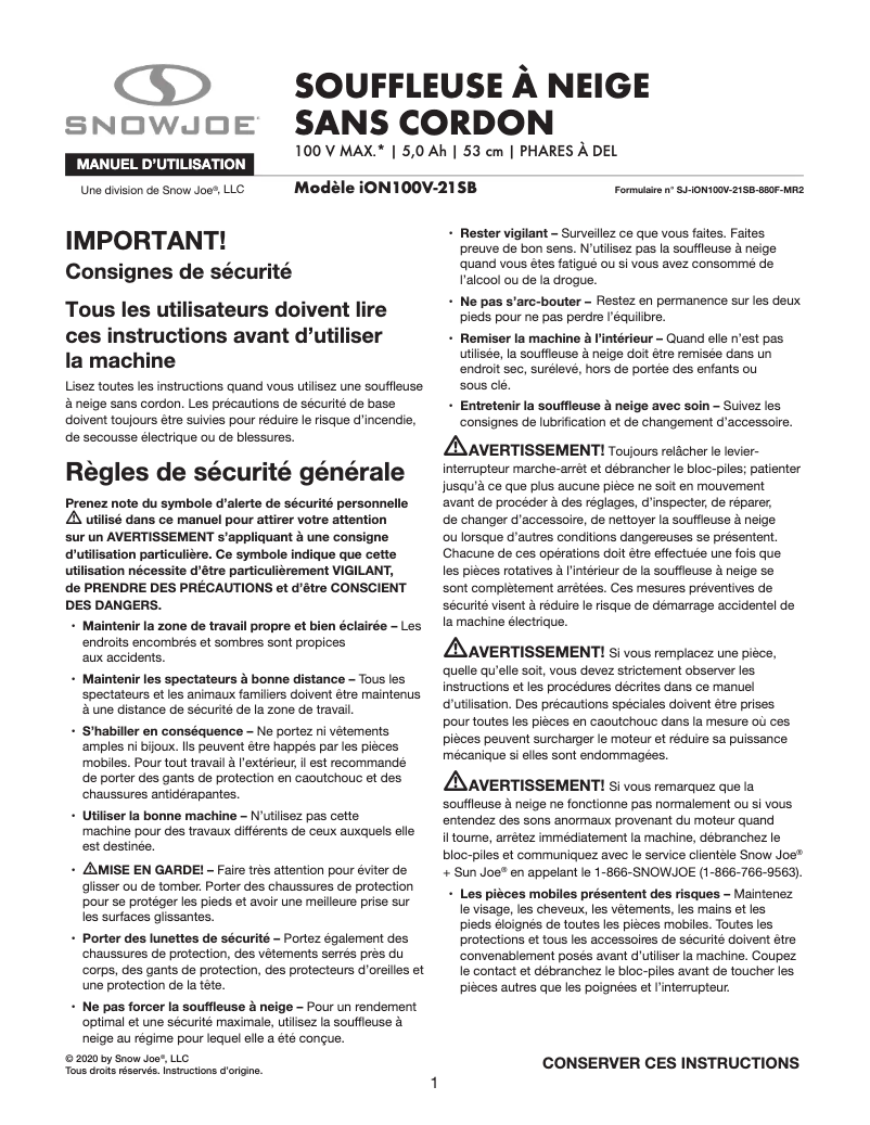 Page 1 de la notice Manuel utilisateur Snow Joe ION100V-21SB