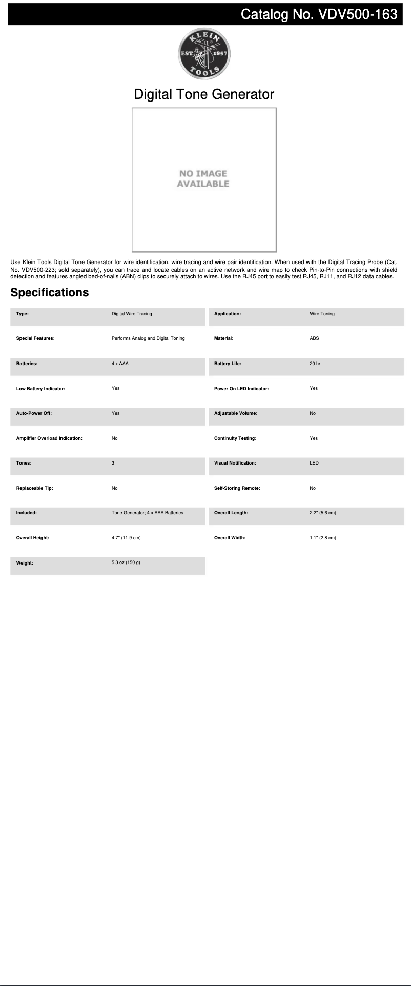 Page n°1 - Fiche technique Klein Tools VDV500-163