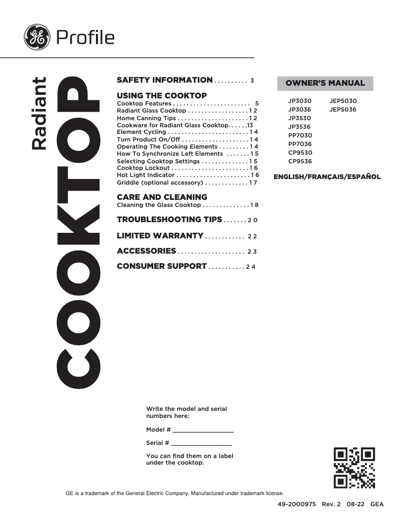 Page 1 of the manual User Manual GE JP3036TLWW
