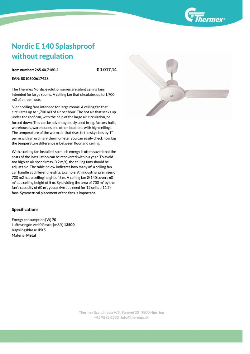 Page 1 de la notice Fiche technique Thermex Nordic Evolution 90