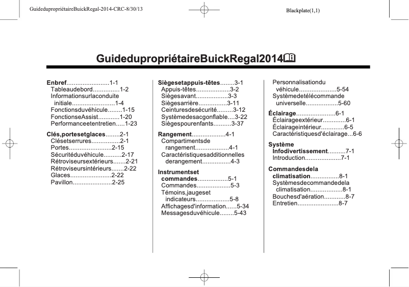 Page 1 de la notice Manuel utilisateur Buick Regal (2014)