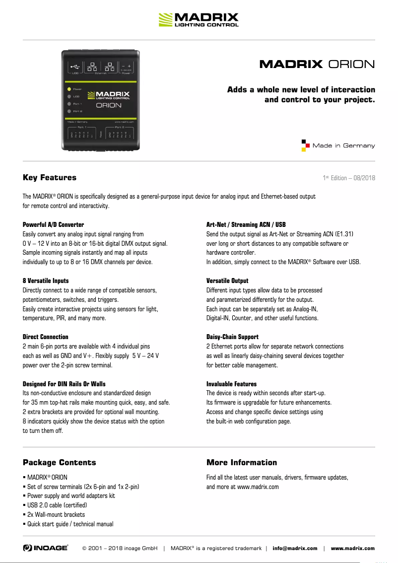 Page n°1 - Fiche technique Madrix ORION