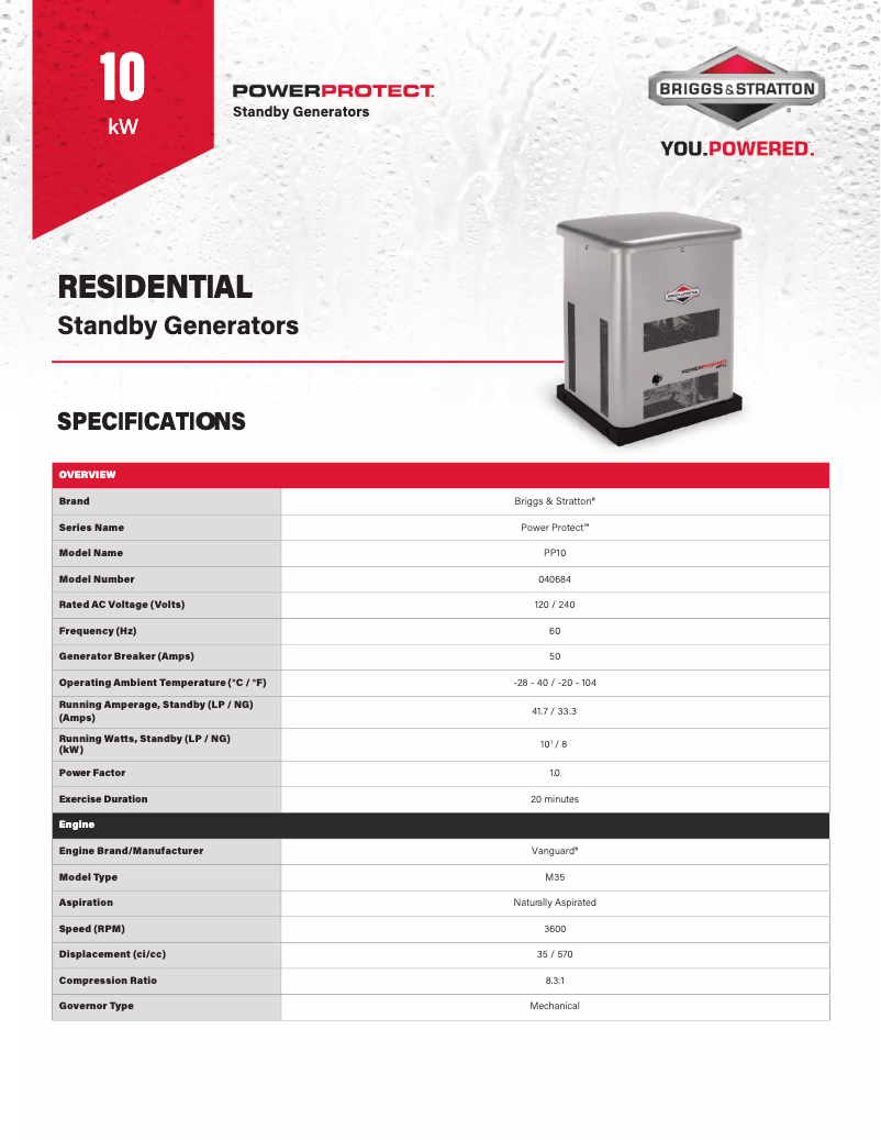 Page 1 de la notice Fiche technique Briggs & Stratton Power Protect 10kW