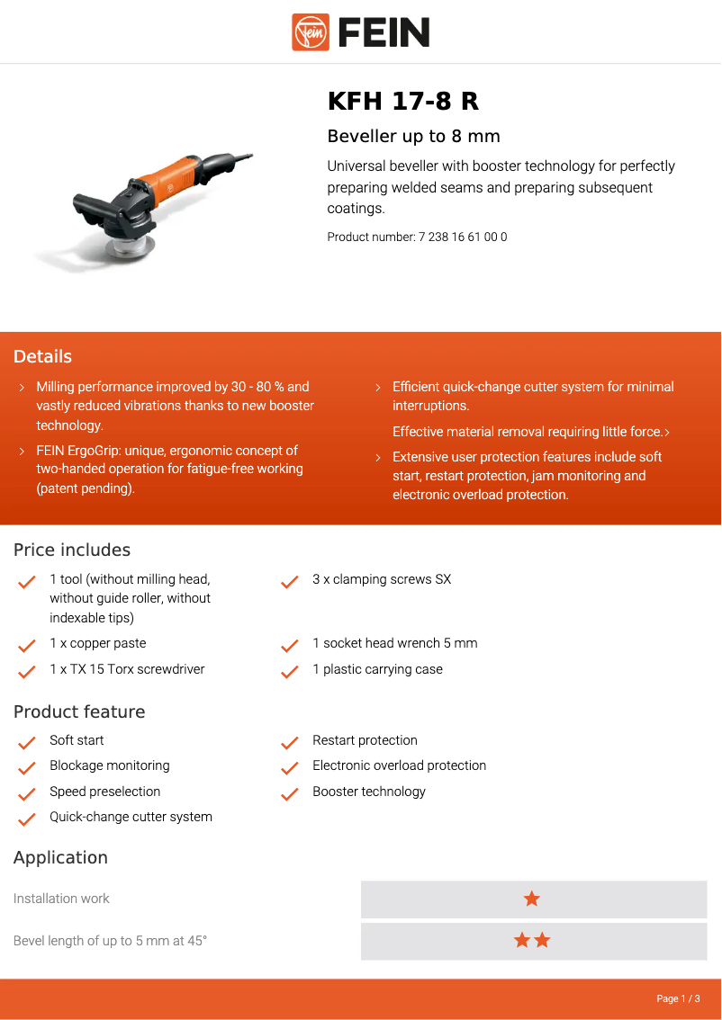 Page 1 de la notice Fiche technique Fein KFH 17-8 R