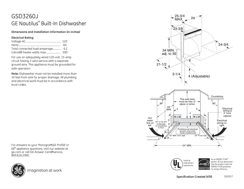 Page 1 de la notice Fiche technique GE Nautilus GSD3260JSS