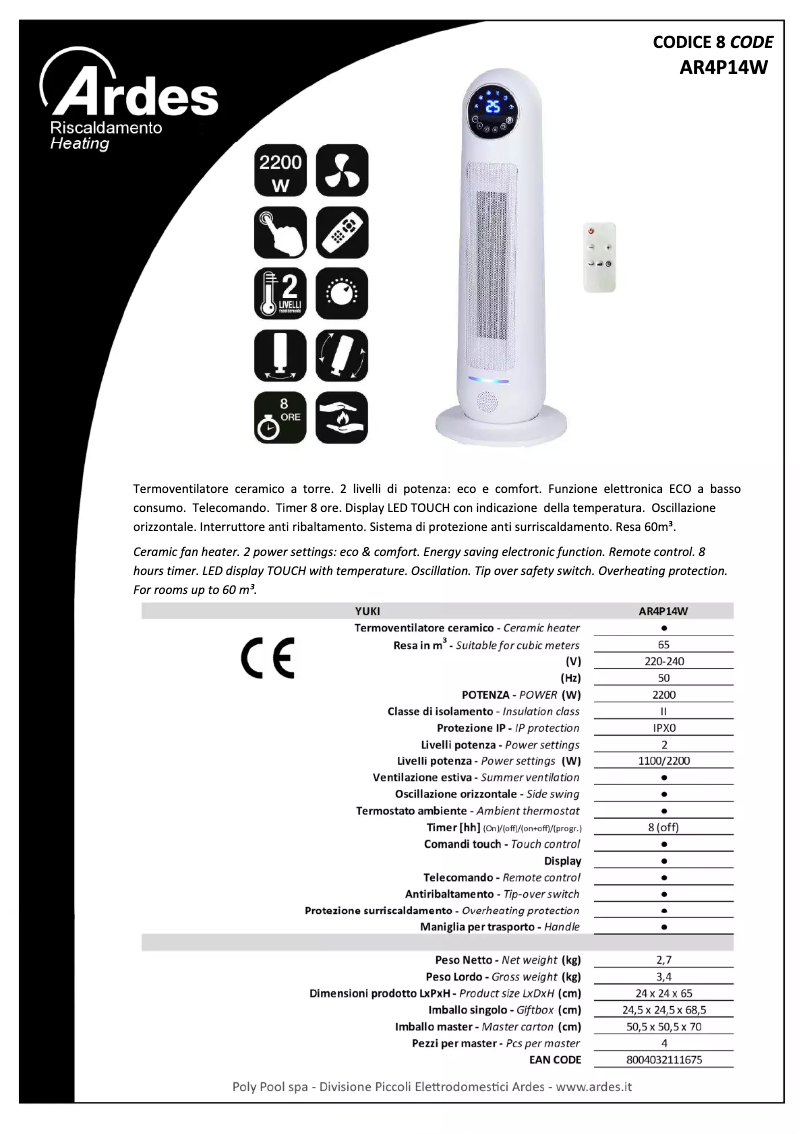 Página 1 del manual Ficha técnica Ardes AR4P14W