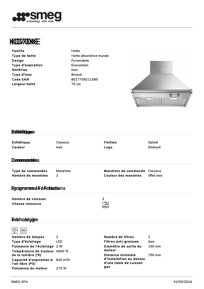 Page 1 de la notice Fiche technique Smeg KD70XE
