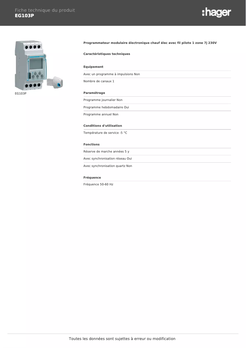 Page n°1 - Fiche technique Hager EG103P