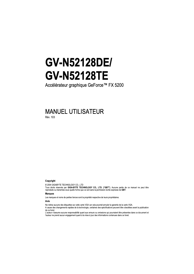 Image de la première page du manuel de l'appareil GV-N52128TE