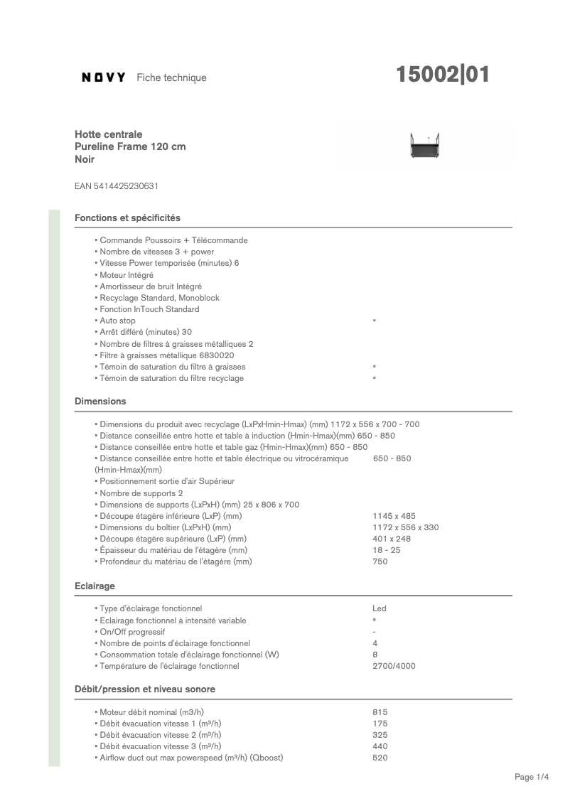 Page n°1 - Fiche technique Novy Pureline Frame 15002