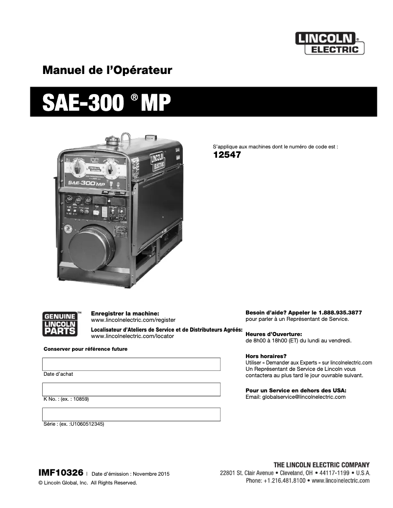 Page 1 de la notice Manuel utilisateur Lincoln Electric SAE-300 MP