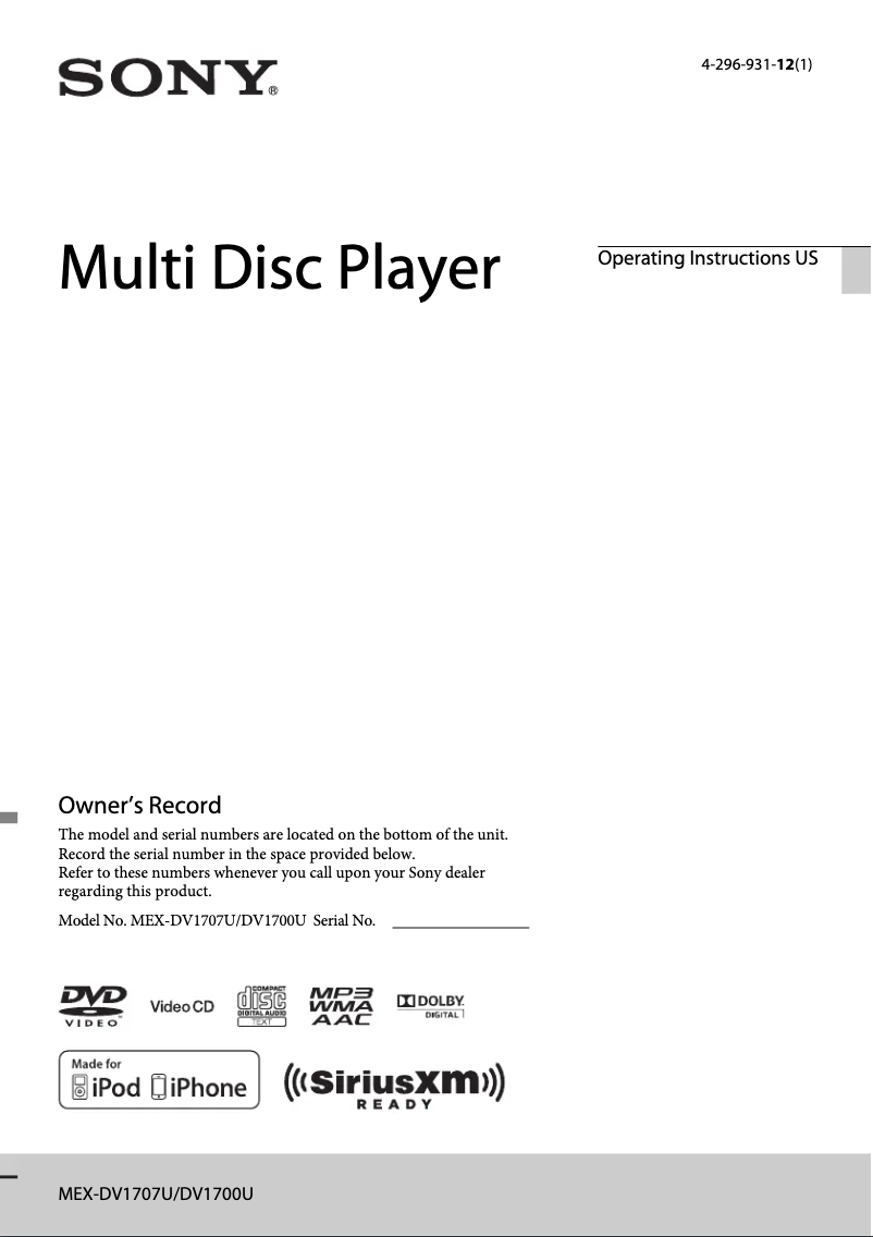 Page 1 de la notice Manuel utilisateur Sony MEX-DV1700U