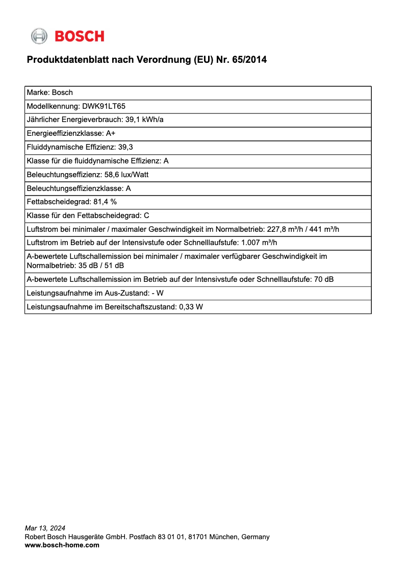 Page 1 de la notice Fiche technique Bosch DWK91LT65