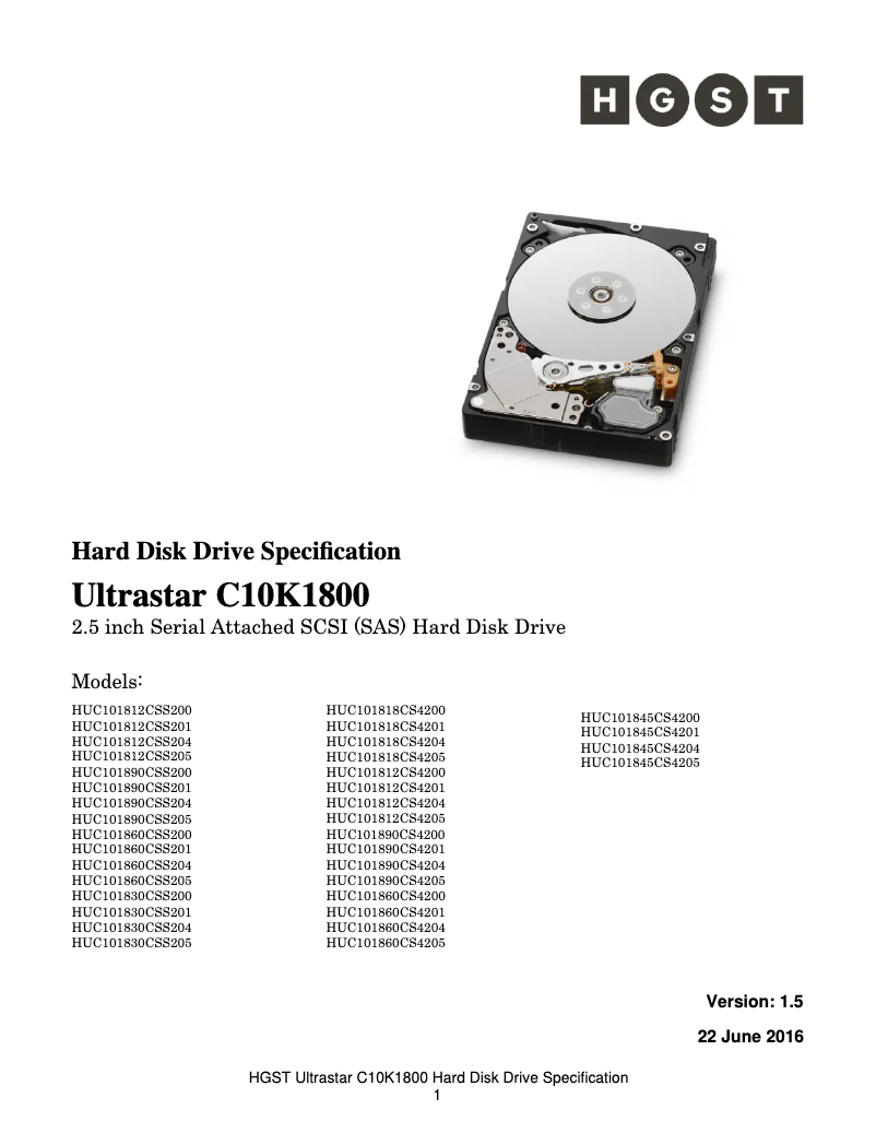 Page n°1 - Manuel utilisateur HGST Ultrastar C10K1800