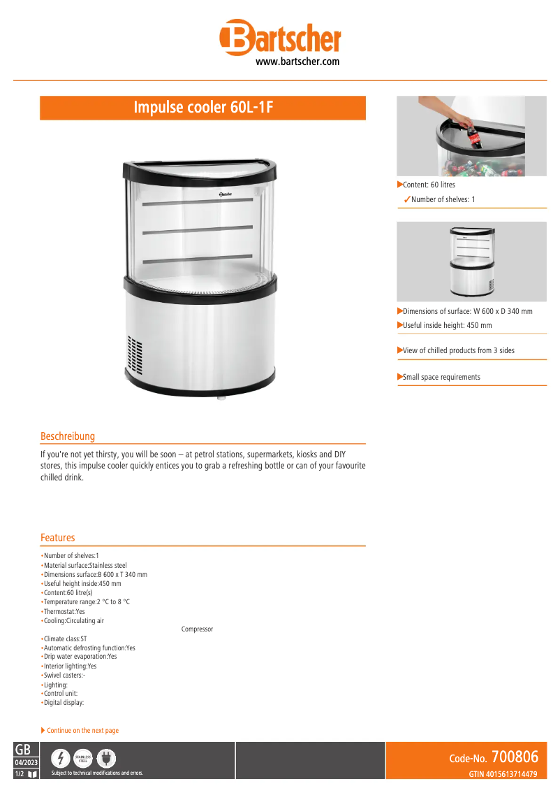Page 1 de la notice Fiche technique Bartscher 700806