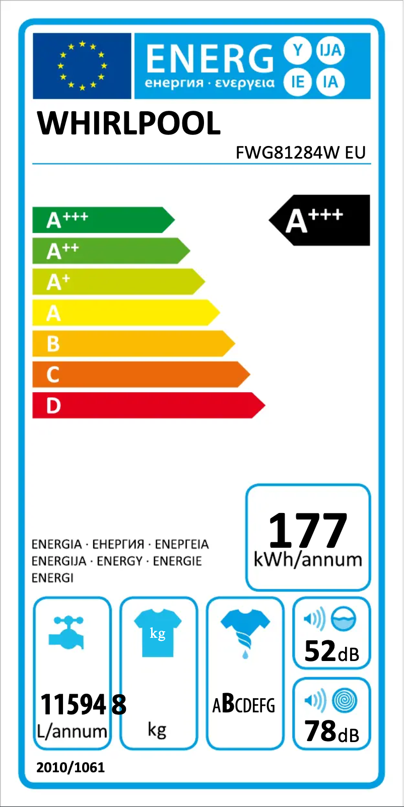 Page 1 de la notice Label énergétique Whirlpool FWG81284W EU