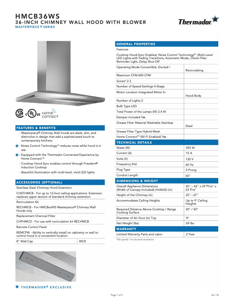 Page 1 de la notice Fiche technique Thermador HMCB36WS