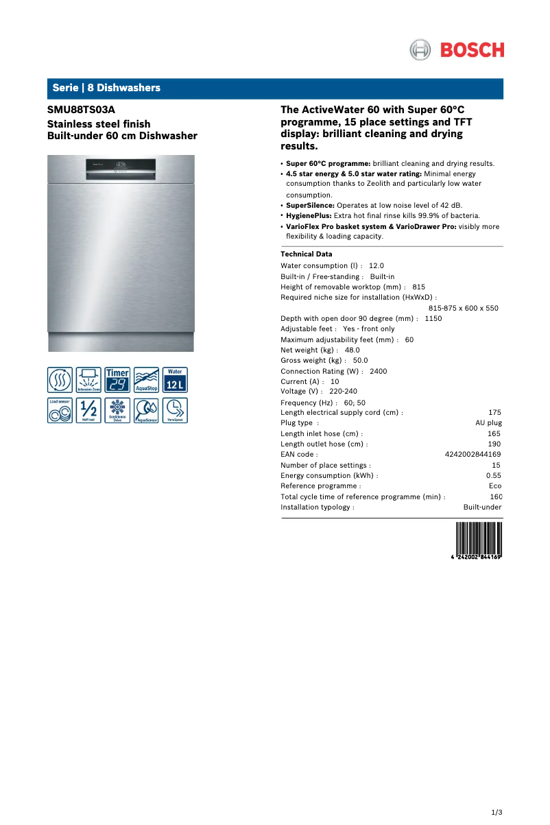 Page 1 de la notice Fiche technique Bosch SMU88TS03A