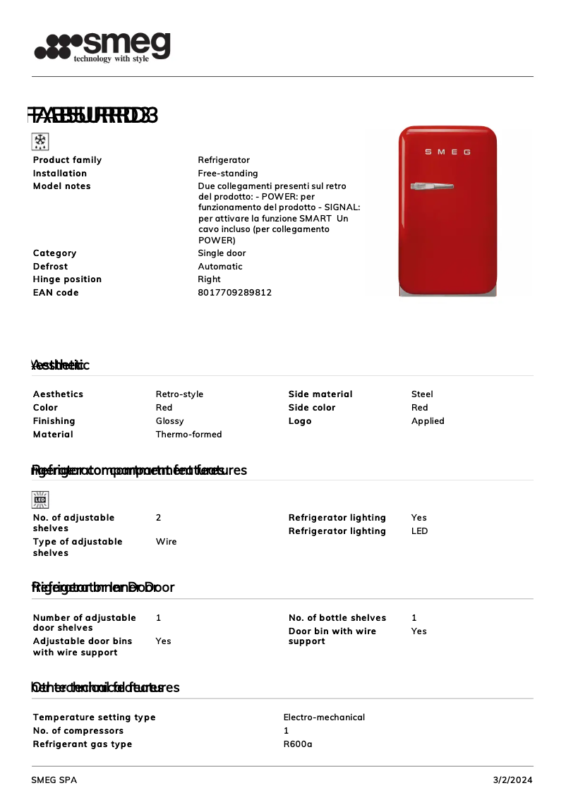 Page n°1 - Fiche technique Smeg FAB5URRD3