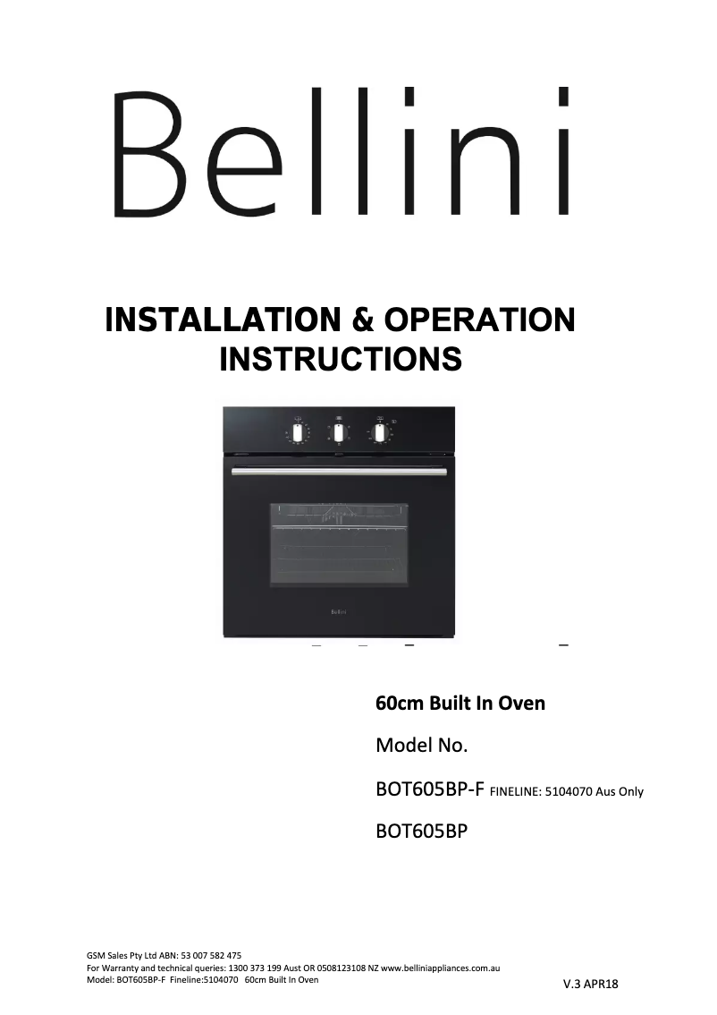 Page 1 de la notice Manuel utilisateur Bellini BOT605BP