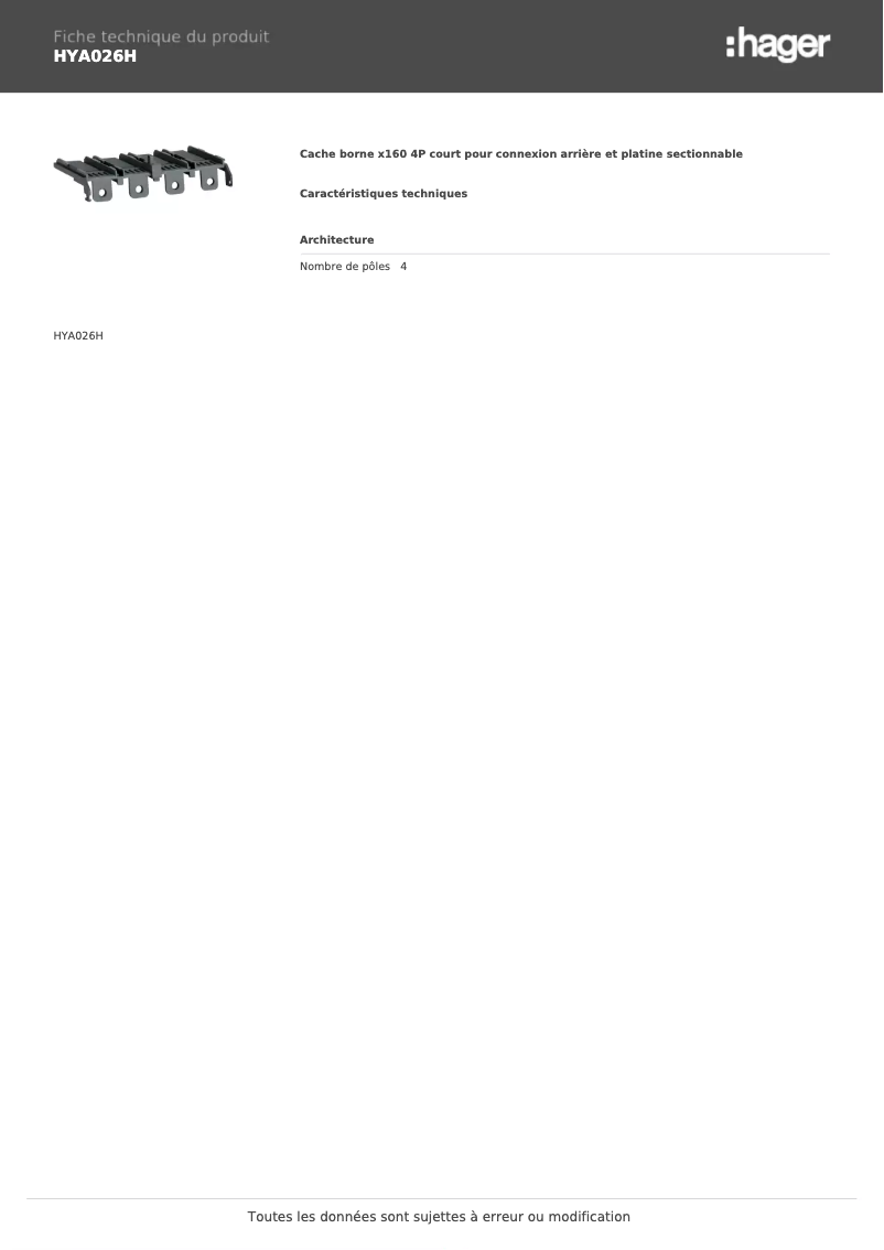 Page n°1 - Fiche technique Hager HYA026H