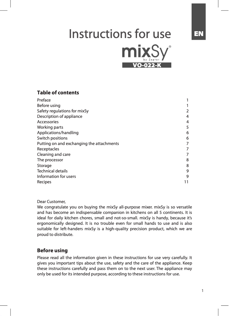 Page n°1 - Manuel utilisateur Zepter mixSy VO-022-K
