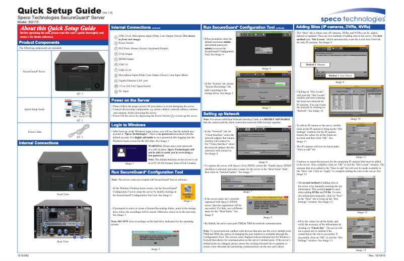 Page 1 de la notice Manuel utilisateur Speco Technologies SecureGuard SG115