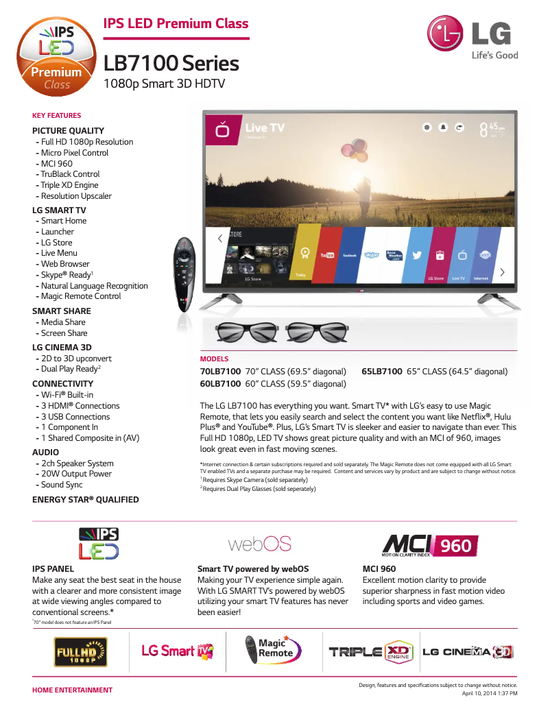 Page 1 de la notice Fiche technique LG 65LB7100