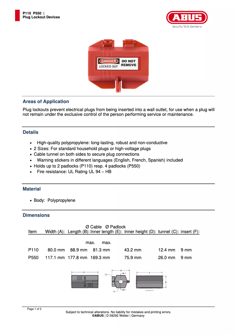 Page n°1 - Fiche technique Abus P110