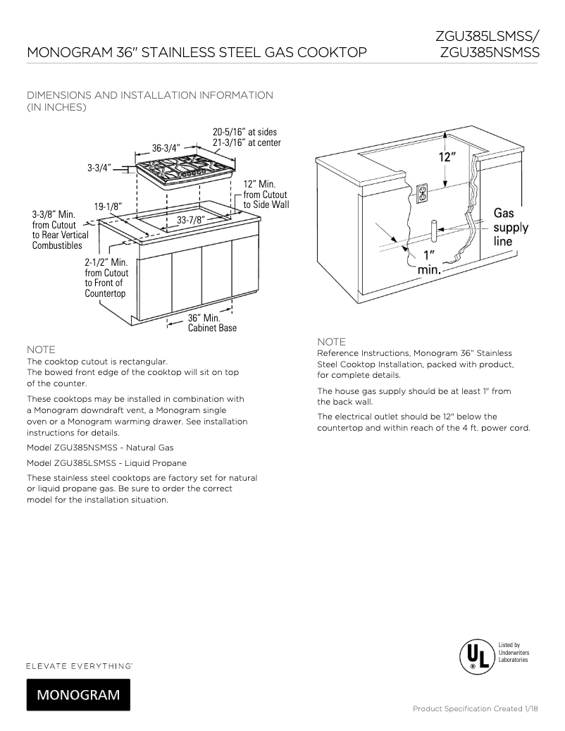 Page 1 de la notice Fiche technique GE ZGU385LSMSS