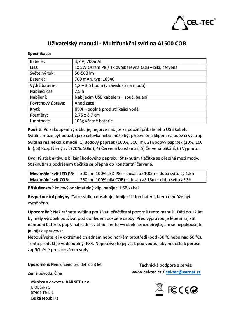 Page n°1 - Manuel utilisateur CEL-TEC AL 500 COB