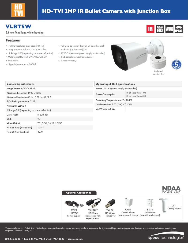 Página 1 del manual Ficha técnica Speco Technologies VLBT5W