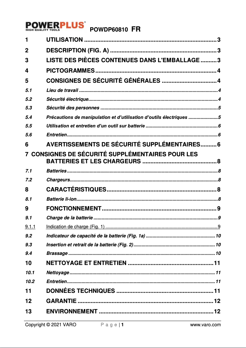 Page n°1 - Manuel utilisateur PowerPlus POWDP60810