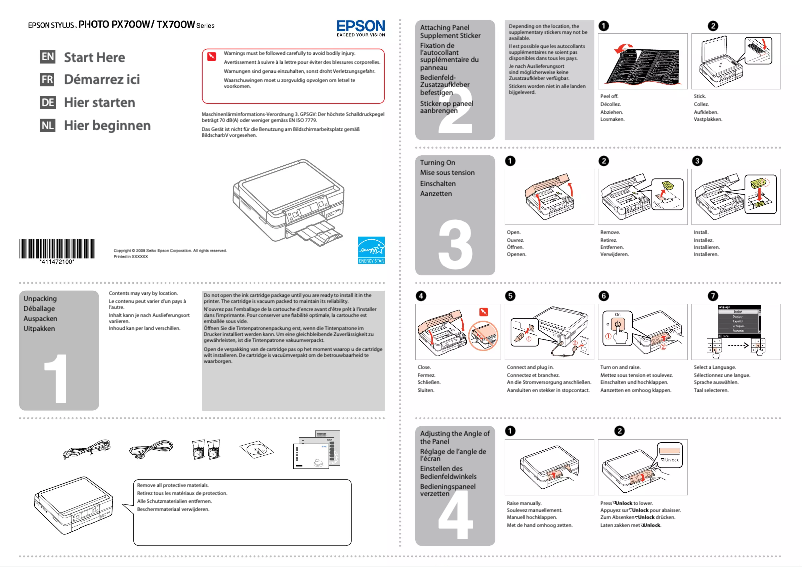 Page 1 de la notice Guide d'installation Epson Stylus Photo PX700W