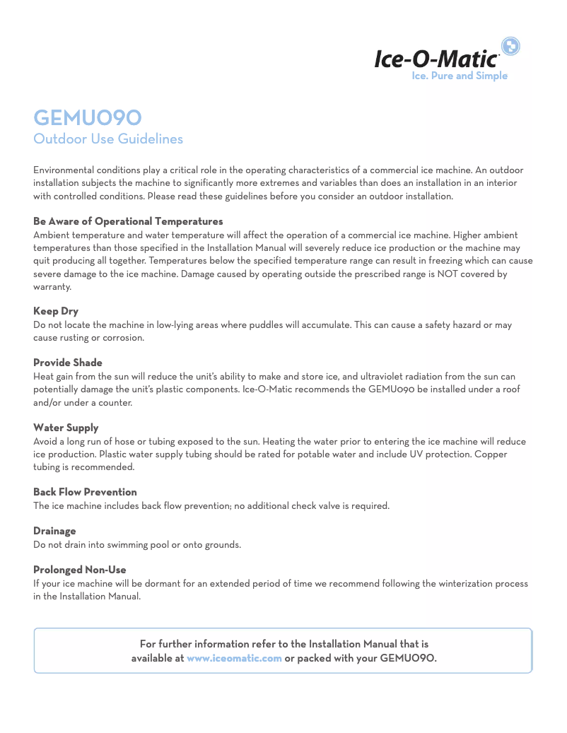 Page 1 de la notice Manuel d'utilisation et d'entretien Ice-O-Matic GEMU090