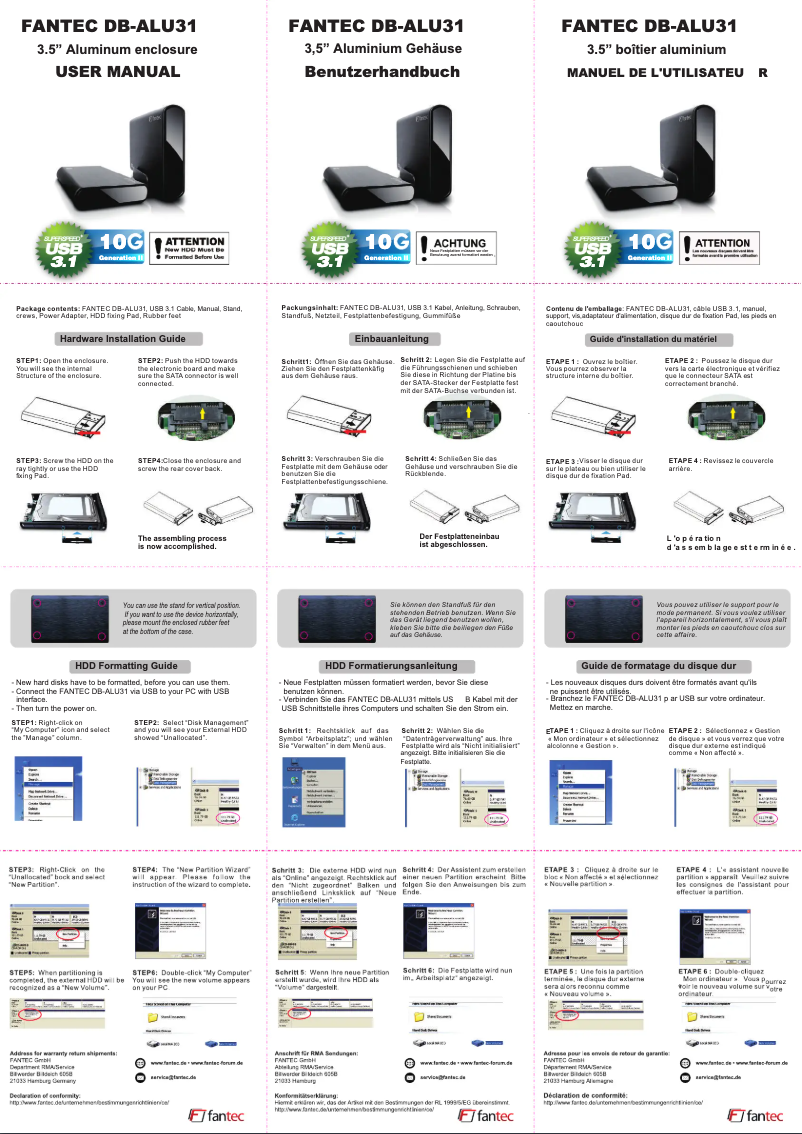 Page 1 de la notice Manuel utilisateur Fantec DB-ALU31